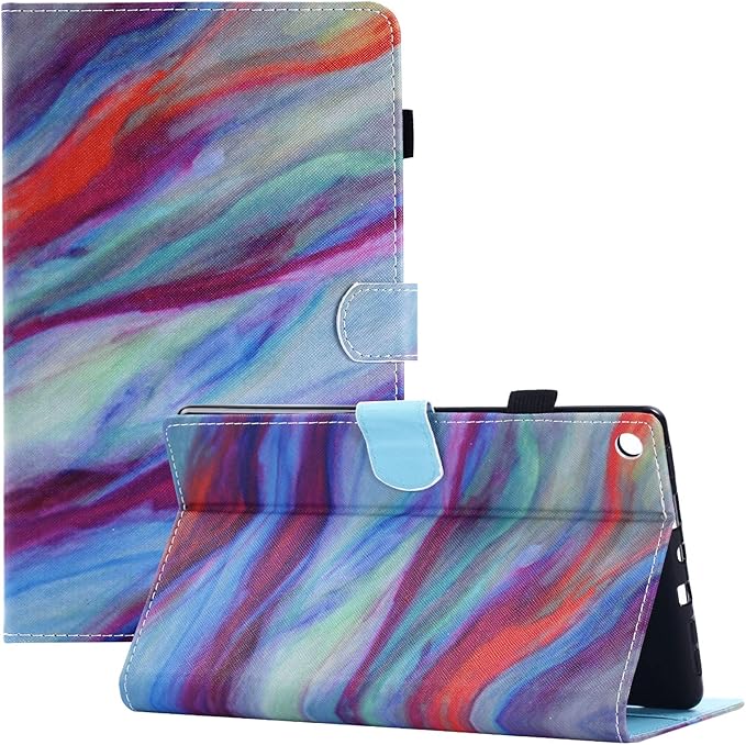Case for Amazon Kindle Fire HD 8 Tablet (8th/7th/6th Generation 2018/2017/2016) with Pencil Holder Card Pocket PU Leather Magnet Smart [Auto Wake/Sleep] Folio Stand Cover Rainbow Marble