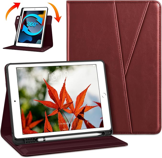 DTTO Rotating Case for iPad 9th/8th/7th Generation 10.2 Inch 2021/2020/2019 360 Degree Swiveling Premium Leather Folio Stand Cover with Pencil Holder - Auto Wake/Sleep and Hand Strap Burgundy Red