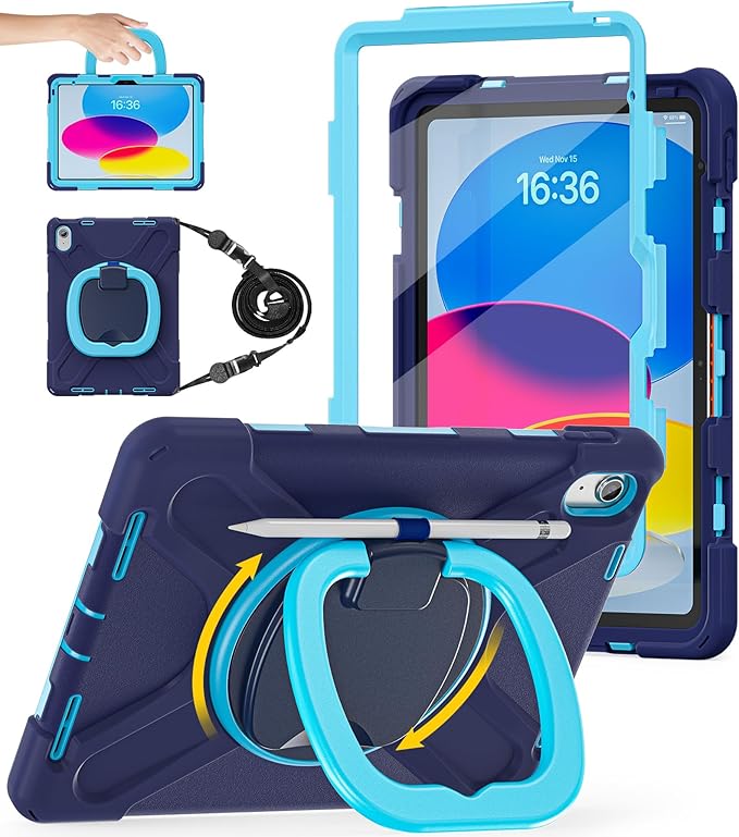 BATYUE Case for iPad (A16) 11th/10th Gen 11''/10.9'' 2025/2022 - Heavy Duty Shockproof Cover with 360° Rotating &amp 180° Folding Stand Screen Protector Shoulder Strap &amp Pencil Holder | NavyBlu