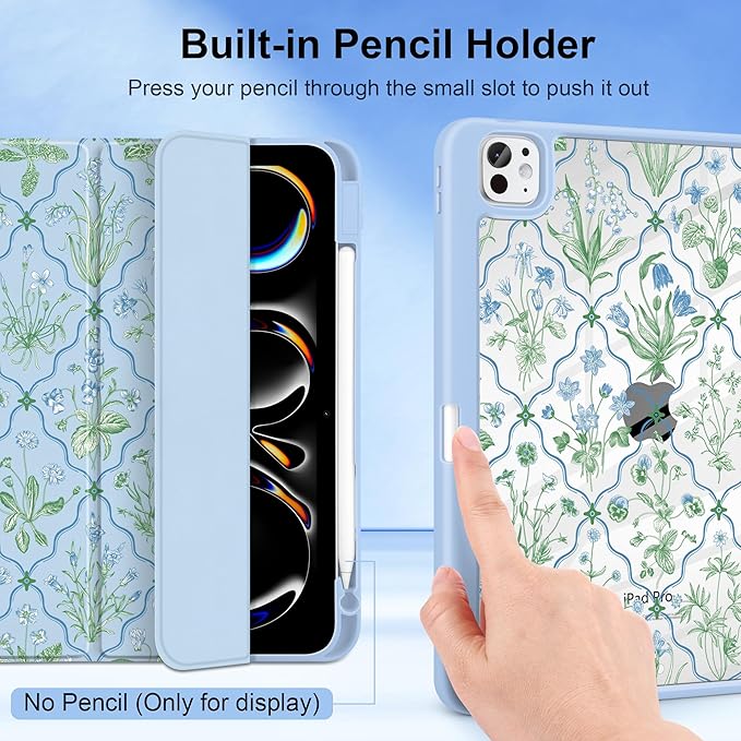 DONGKE for iPad Pro 11-Inch Case (M5 2025 / M4 2024) 6th/5th Generation [Auto Sleep/Wake &amp Pencil Pro Holder] Clear Acrylic Back Smart Trifold Stand Cover Lattice Floral