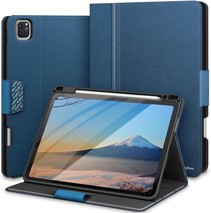 KingBlanc Case for iPad Pro 11 inch 4th/3rd/2nd/1st Generation (2022/2021/2020/2018) with Pencil Holder PU Leather Protective Stand Folio Auto Sleep/Wake Multi-Angles for Viewing/Typing Blue