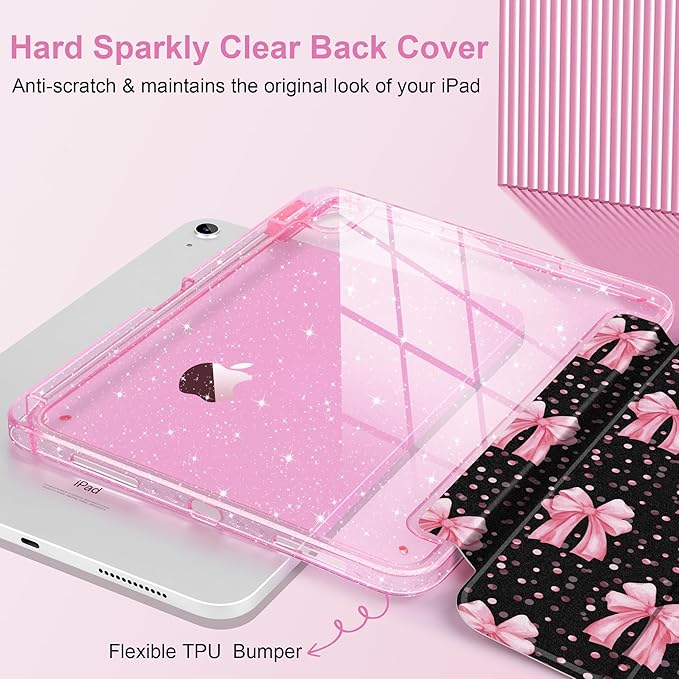 DONGKE for iPad Pro 11 inch Case – Fits M5 2025 / M4 2024 Shockproof Sparkling Glitter Acrylic Back Pencil Holder Trifold Stand Auto Sleep/Wake &amp Touch ID Support - Pink Bows