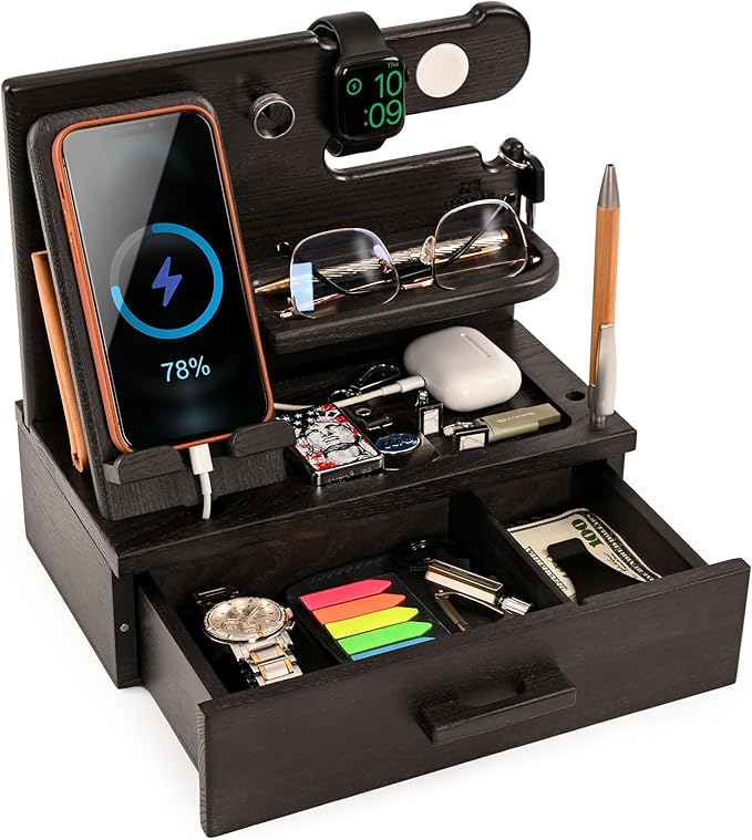 TESLYAR Wood Phone Docking Station with Drawer - Nightstand Organizer - Desk Organizer for Husband - Birthday Gifts for Men Dad Anniversary Idea Key Holder Stand Watch &amp Accessories (Granite Bl