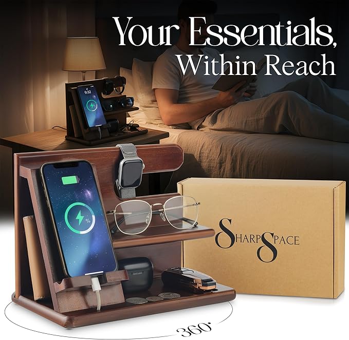 360° Rotating Nightstand Organizer - Wood Phone Docking Station with Rotating Base Charging Slot Holds watch Wallet Keys Eyewear - Birthday Gifts for Men &amp Women Bedroom or Office Use Dark
