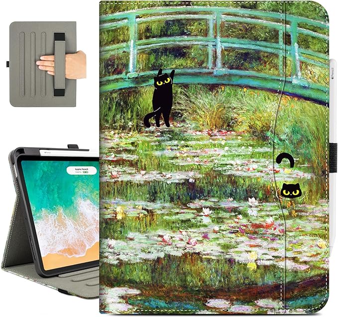 Vimorco Leather Case for iPad Pro 11 inch M5/M4 2025/2024Pu Leather Protective Adjustable Stand Cover Hand StrapCard Pocket with Pencil Holder Auto Wake/SleepWater Lily and Cat
