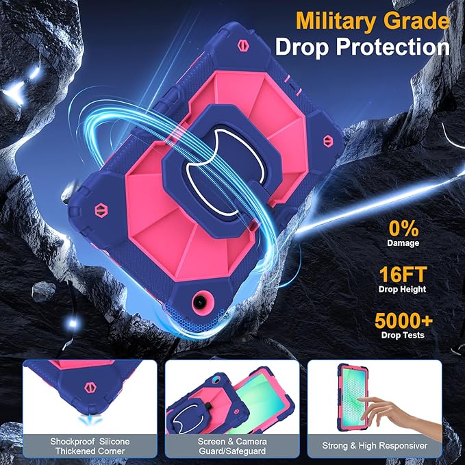 Case for Samsung Galaxy Tab A11+ Plus/A9+ 11 Inch 2025/2023Ubearkk Case for Samsung Galaxy A9 Plus/A11+ Tablet case with Screen Protector 360 Rotating Stand Shoulder Strap Pen Holder Navy Pink