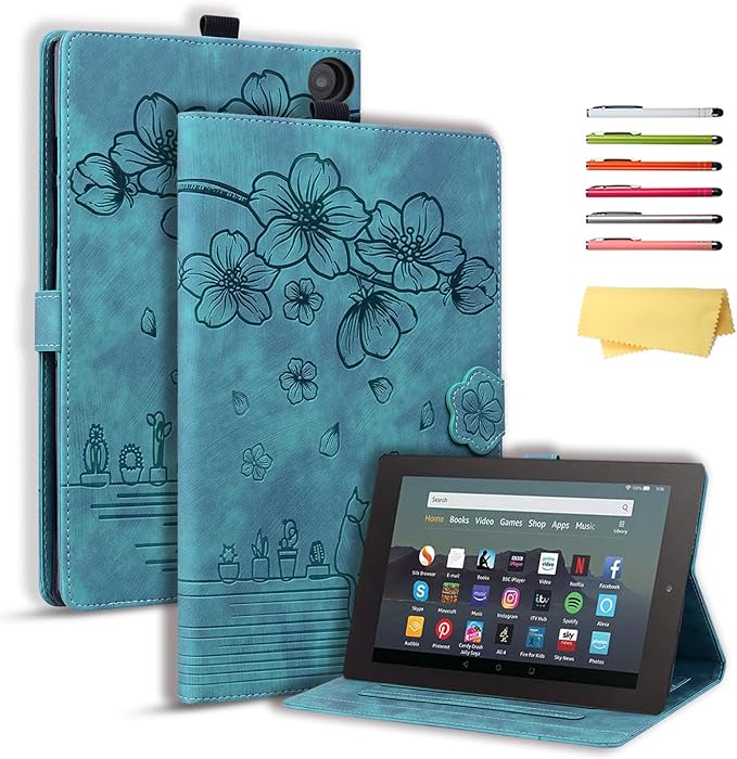 for Amazon Kindle Fire HD 8 &amp Fire HD 8 Plus Case 12th/10th Generation (2024/2022/2020) 8 UUcovers Embossed PU Leather Folio Magneic Cover with Stand/Pencil Holder Cherry Blossom Green Cat