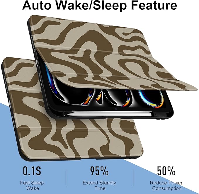 TWOLSKOO Case for iPad Pro 11-inch (M5 2025 / M4 2024) Clear Acrylic Back with TPU Bumper Pencil Holder Trifold Stand Auto Sleep/Wake Brown Waves