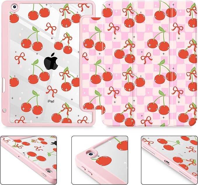 for iPad 9th Generation with Pencil Holder iPad 8th/7th Gen Case 10.2-inch [Built in Pencil Holder] Trifold Stand Auto Wake/Sleep Clear TPU Protection Back Cover Cherries and Bow