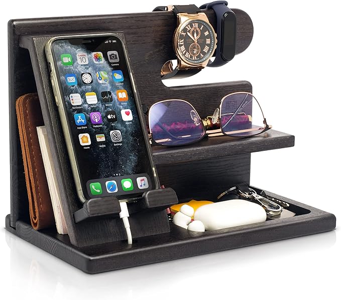 TESLYAR Wood Phone Docking Station for Men - Desktop or Nightstand Organizer - Birthday Gifts for Men Dad - Anniversary Idea from Wife - Key Holder Stand Wallet Watch &amp Essentials (Granite Blac