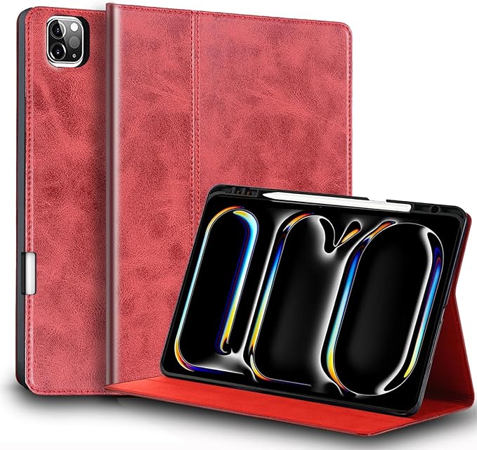 for Ipad Pro 11-inch Case M4/M5 2024/2025(Model:A3357/A3358A2836/A2837) Genuine Leather Cover Protective ShellBuilt-in Pencil Holder and Auto Wake/Sleep.Red