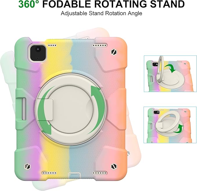 Case for iPad Air 11 inch Case M3 2025/ M2 2024 (Air 7th/6th Generation) Heavy Duty Shockproof Cover with Screen Protector 360° Rotating Stand Pencil Holder Shoulder Strap (Colorful Pink)