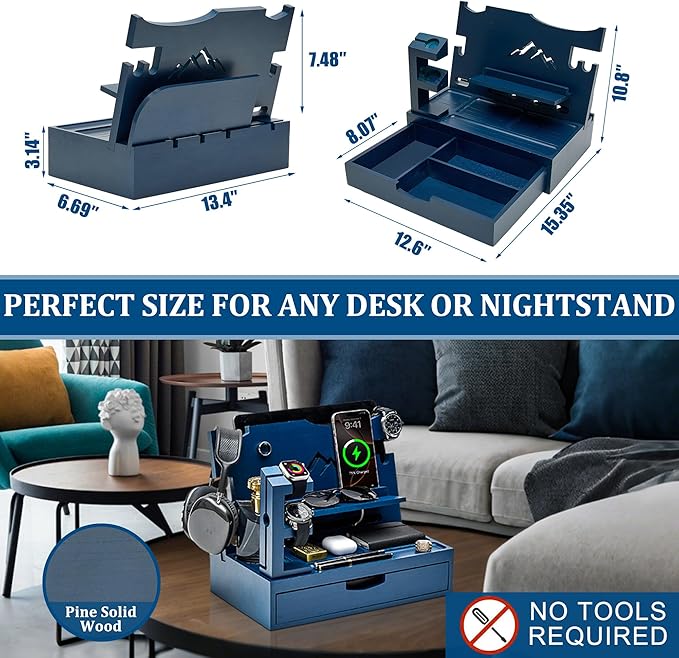Nightstand Organizer for Men with Large Drawer Wood Phone Docking Station for Phone Apple Watch Wallet &amp Keys Ideal Birthday Gift for Father Husband Bedside Desk Organizer (Blue)