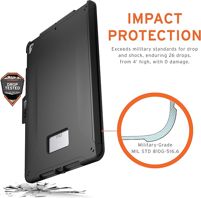 URBAN ARMOR GEAR UAG Designed for iPad 10.2 Case Black 9th Generation 2021 &amp 8th Gen 2020 w/Hand Strap Thin Slim Military Drop Tested Durable Protective Cover w/Stylus &amp Pencil Holder Scout S
