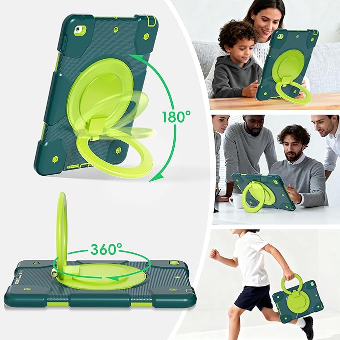Case for iPad 9th/8th/7th Generation 10.2 inch Shockproof Cover with Screen Protector/360° Rotate Stand/Pencil Holder/Shoulder Strap Kids Case for iPad 2021/2020/2019 (Dark Green+Green)