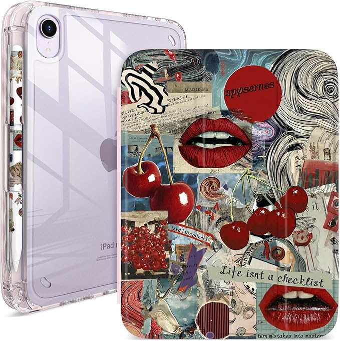 Y2K Retro Red Vintage Cherry Case for iPad mini 6/7 (8.3) Cover with Pencil Holder DIY Stickers Tri-Fold Stand Auto Wake/Sleep for Girls