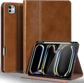 Gexmil Genuine Leather Case for iPad Pro 11 Inch (M5/M4) 2025/2024 with Pencil HolderProtective Shockproof Leather Smart Folio Cover Adjustable Stand Auto Sleep/Wake Anti-SlipYellow Brown