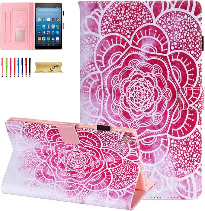 Dteck for Fire HD 8 (8th/7th/6th Generation) Smart Folio Case 2018/2017/2016 Release (8) with Auto Sleep Wake/Stand/Card Slots/Stylus PU Leather Protective Cute Slim Magnetic Cover Pink Mandala