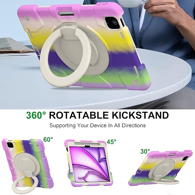 Case for iPad Air 11 inch M3 2025/ M2 2024 (Air 7th/6th Generation) Heavy Duty Shockproof Cover with Screen Protector/360° Rotating Stand/Pencil Holder/Shoulder Strap (Colorful Purple)