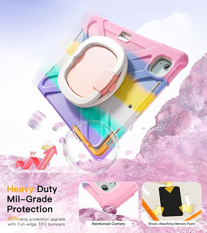 BRAECN for iPad Air 13 Inch Case M4 2026/M3 2025/M2 2024 &amp iPad Pro 12.9 Case (6th/5th4th/3rd Gen) Heavy Duty Silicone Cover with 360° Swivel Kickstand Shoulder Strap Pencil Holder Colorful Pi