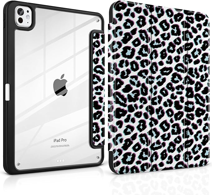 TWOLSKOO Case for iPad Pro 11-inch (M5 2025 / M4 2024) Clear Acrylic Back with TPU Bumper Pencil Holder Trifold Stand Auto Sleep/Wake Black Leopard