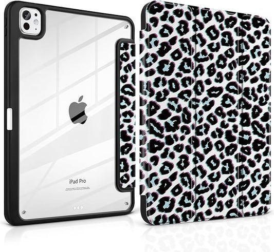 TWOLSKOO Case for iPad Pro 11-inch (M5 2025 / M4 2024) Clear Acrylic Back with TPU Bumper Pencil Holder Trifold Stand Auto Sleep/Wake Black Leopard