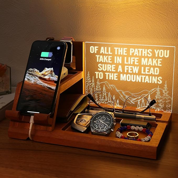 Attivolife LED Phone Dock Valentine's Day Gift for Men with Light - Desk Organizer &amp Charging Station for Phone Best Father's Day Birthday for Him Husband Boyfriend