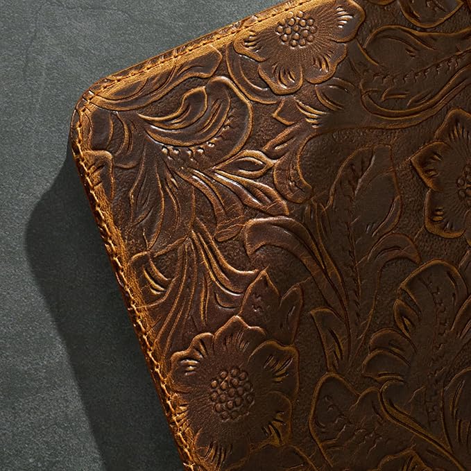 Gexmil Genuine Leather Case for iPad Pro 11 Inch (M5/M4) 2025/2024 with Pencil HolderProtective Shockproof Leather Smart Folio Cover Adjustable Stand Auto Sleep/Wake Anti-Slip Flower Brown