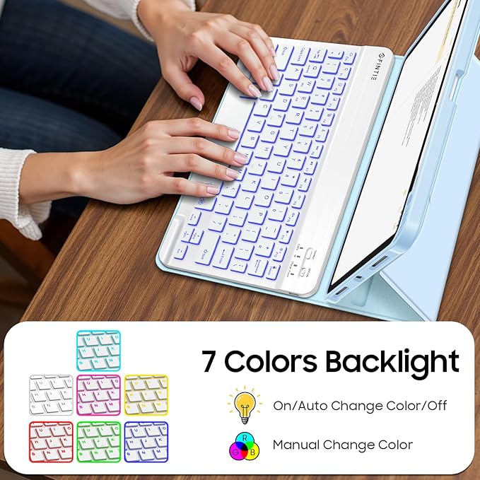 Fintie Backlit Keyboard Case for iPad Air 11-inch M4/M3/M2 (2026/2025/2024) iPad Air 5th/4th Gen 10.9 Inch - Soft TPU Cover with 7 Color Backlight Detachable Bluetooth Keyboard Sky Blue