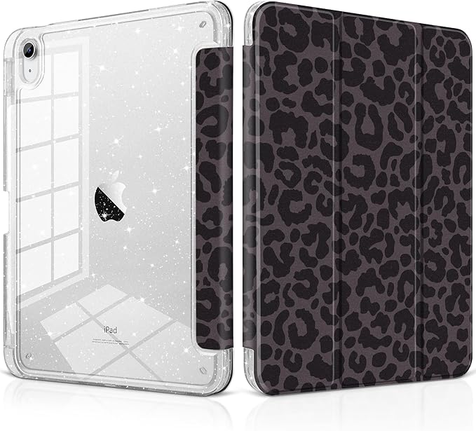 DONGKE for iPad Pro 11 inch Case – Fits M5 2025 / M4 2024 Shockproof Sparkling Glitter Acrylic Back Pencil Holder Trifold Stand Auto Sleep/Wake &amp Touch ID Support - Black Leopard