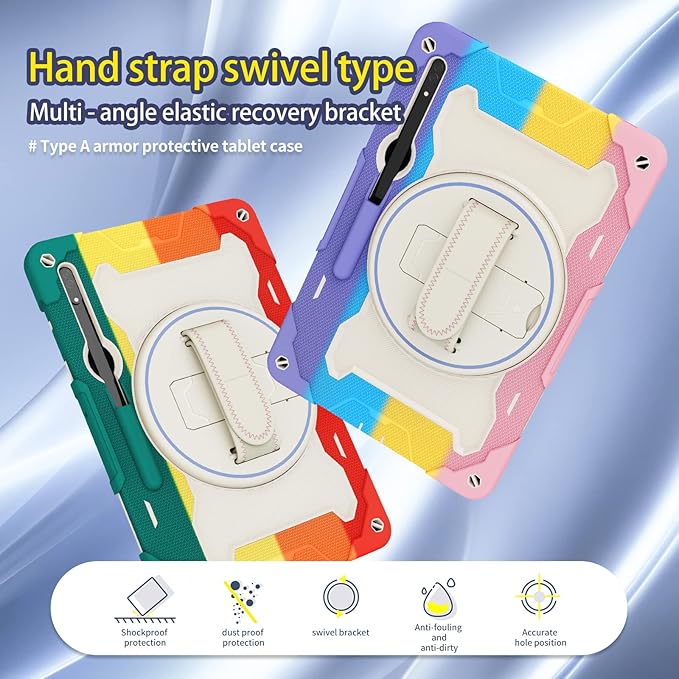 Tablet Case for Samsung Galaxy Tab S10 Ultra 14.6/S9 Ultra/S8 Ultra Kids Rainbow Heavy Duty Silicone Shockproof Case with Pencil Holder Shoulder Strap Rotating Fold Kickstand Hand Strap