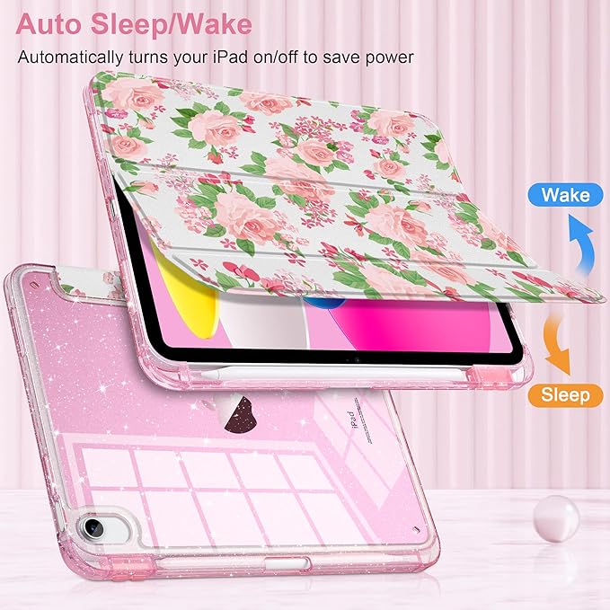 MEEgoodo Case for iPad A16 11th Generation 2025/10th Generation 2022 Glitter Tablet Cases with Transparent Acrylic Back+Trifold Stand +Pencil Holder+Auto Wake/SleepFloral Ornamental Texture