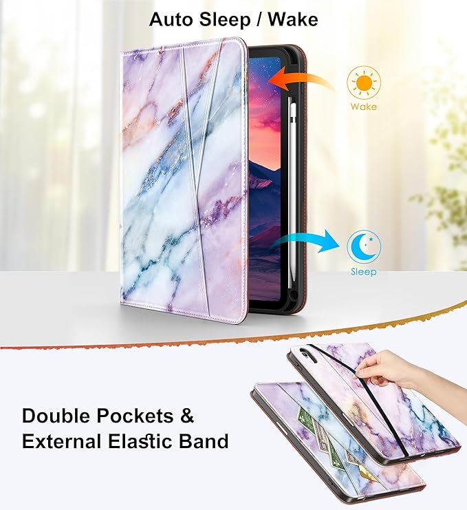 DTTO for iPad A16 Case iPad 11th / 10th Generation Case (2025/2022) 360 Degree Rotating Premium Leather Folio Stand Cover with Pencil Holder Marble Pink