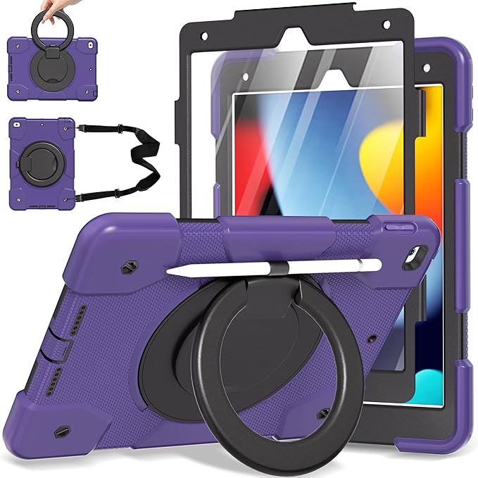 Case for iPad 9th/8th/7th Generation 10.2 inch Shockproof Cover with Screen Protector/360° Rotate Stand/Pencil Holder/Shoulder Strap Kids Case for iPad 2021/2020/2019 (Deep Purple+Black)