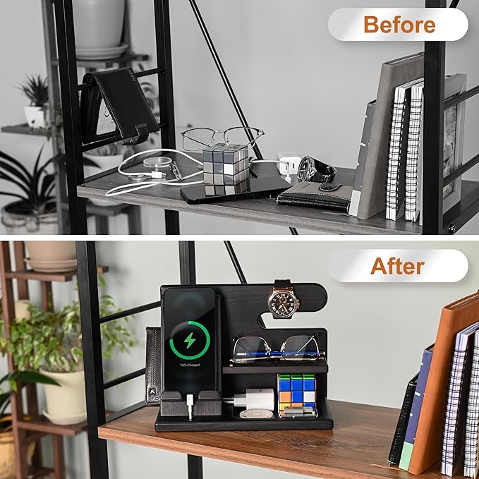 TESLYAR Wood Phone Docking Station for Men - Desktop or Nightstand Organizer - Birthday Gifts for Men Dad - Anniversary Idea from Wife - Key Holder Stand Wallet Watch &amp Essentials (Granite Blac