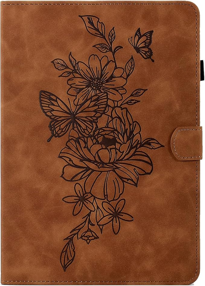 Folio Case for Amazon Kindle Fire HD 8/Fire HD 8 Plus (12th/10th Generation 2024/2022/2020) 8 with Stand/Pencil Holder [Auto Sleep/Wake] Embossed PU Leather Smart Cover Brown Butterfly Flower