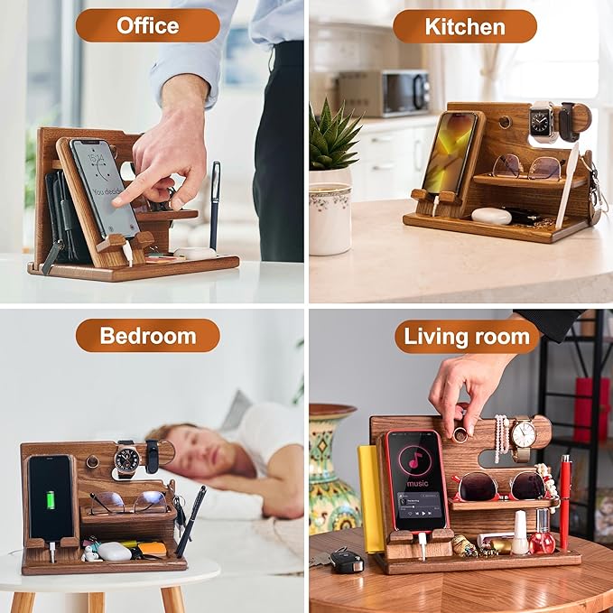 TESLYAR Wood Phone Docking Station for Men - Desk or Nightstand Organizer - Birthday Gifts for Husband or Dad - Anniversary Idea from Wife - Key Holder Stand Wallet Watch &amp Essentials (Earth Bei