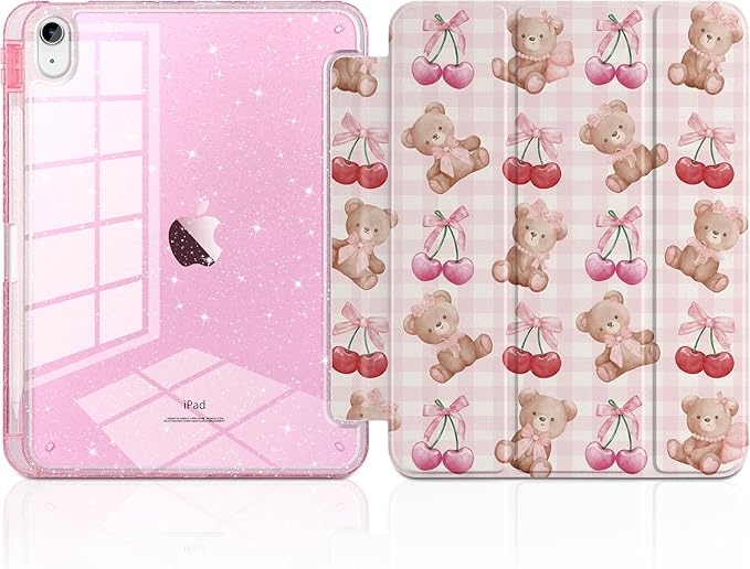 TWOLSKOO Sparkly Case for iPad Pro 11 inch (M5 2025 / M4 2024) Glitter Hard Acrylic Back with Pencil Holder Slim Trifold Stand Folio Cover Auto Sleep/Wake Cherry &amp Bears
