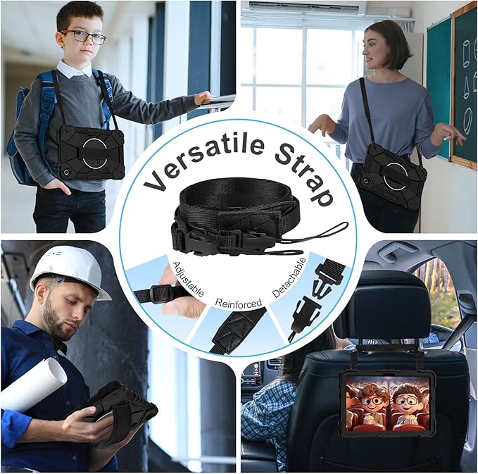 for Samsung Galaxy Tab A11 Plus/A11+ Case 2025 11 Inch Galaxy Tab A9+ Case 2023 Rugged Samsung A11+ Tablet Cover with 360 Rotating Stand Hand Strap Shoulder Strap Screen Protector Black