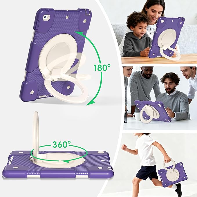 Case for iPad 9th/8th/7th Generation 10.2 inch Shockproof Cover with Screen Protector/360° Rotate Stand/Pencil Holder/Shoulder Strap Kids Case for iPad 2021/2020/2019 (Deep Purple+White)