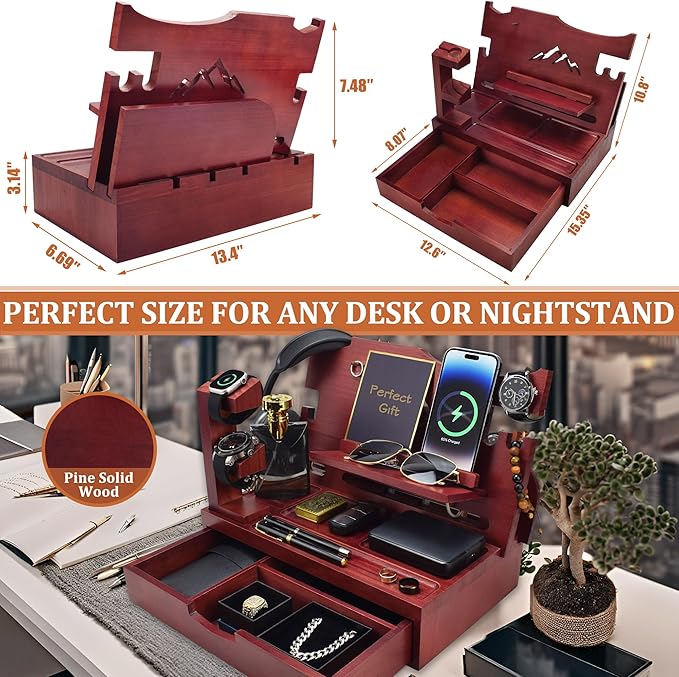 Nightstand Organizer for Men with Large Drawer Wood Phone Docking Station for Phone Apple Watch Wallet &amp Keys Ideal Birthday Gift for Father Husband Bedside Desk Organizer (Mahogany)