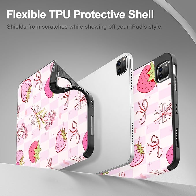 May Chen Case for iPad Pro 11 inch (4th 3rd 2nd &amp 1st Gen) 2022 2021 2020 2018Trifold Stand with Auto Wake/Sleep Soft TPU Protective Stand Back Cover Strawberry Bow