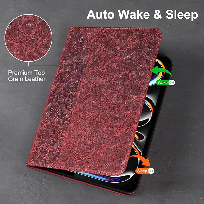 Gexmil Case for iPad Pro 11 Inch4th/3rd/2nd/1st Generation(2022/2021/2020/2018) Genuine Leather Cover Anti FingerprintCowhide Folio Cover Auto Sleep/Wake with Adjustable StandFloral Red