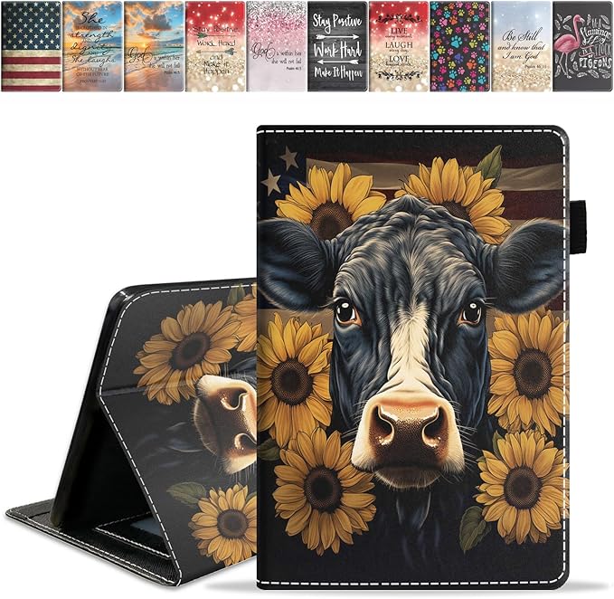 Case for Amazon Kindle Fire 7 Tablet (7 9th/7th Generation 2019/2017 Release) Slim PU Leather Cover with Card Slot &amp Auto Wake/Sleep American Flag Cow Sunflower