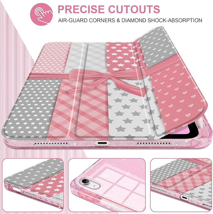 MEEgoodo Case for iPad A16 11th Generation 2025/10th Generation 2022 Glitter Tablet Cases with Transparent Acrylic Back+Trifold Stand +Pencil Holder+Auto Wake/SleepMixed-Style Pink Bow