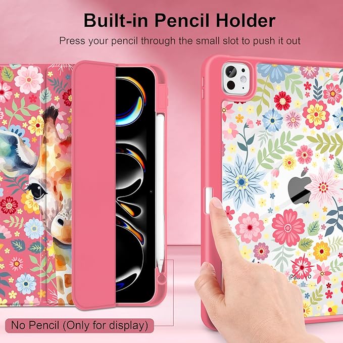 Case for iPad Pro 13 inch (M5) 2025 (M4) 2024 Release Slim Lightweight Cute Hot Pink Cover with Clear Back TPU Edge Pencil Holder Trifold Stand Giraffe