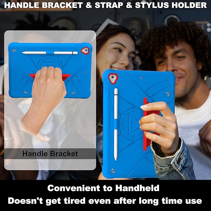 Case for iPad 9th/8th/7th Generation 10.2 inch Heavy Shockproof Cover with Screen Protector/180° Rotating Handle/Bracket/Pen Holder/Shoulder Strap Kids Case for 2021/2020/2019 (D-Blue+Red)