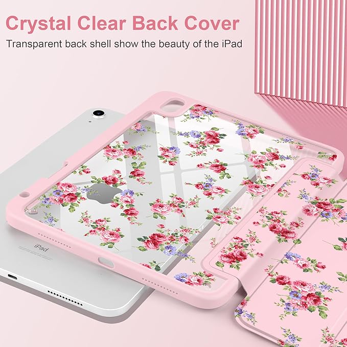 Case for iPad (A16) 11th Generation 11 inch 2025 /iPad 10th Gen 10.9 2022- Cute Patterns Light Pink Cover with Clear Back Shell Auto Wake Sleep Trifold Stand &amp Pencil Holder Elegant Rose