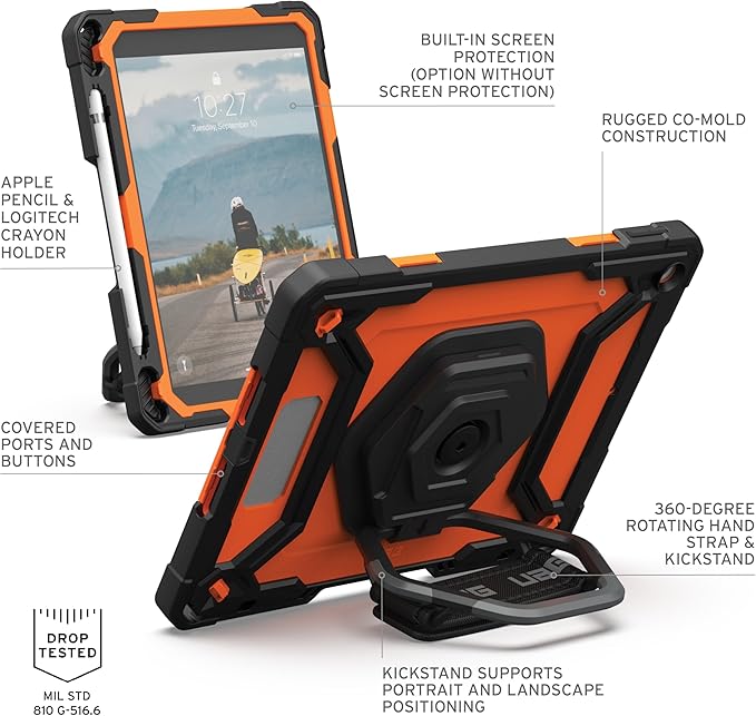 URBAN ARMOR GEAR UAG Designed for iPad 10.2 9th/8th Gen 2020-2021 Case w/Built-in Screen Protector Kickstand Hand Strap Rugged Transparent Clear Military Grade Protective Cover Plasma Orange/Black