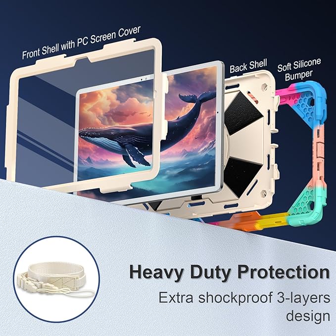 for Galaxy Tab A9 Plus Case 11 Inch Rugged Case for Samsung Galaxy A9+ Tablet with Screen Protector 360 Rotating Stand Shoulder Strap Pen Holder 2023 Model(SM-X210/X216/218) Rainbow